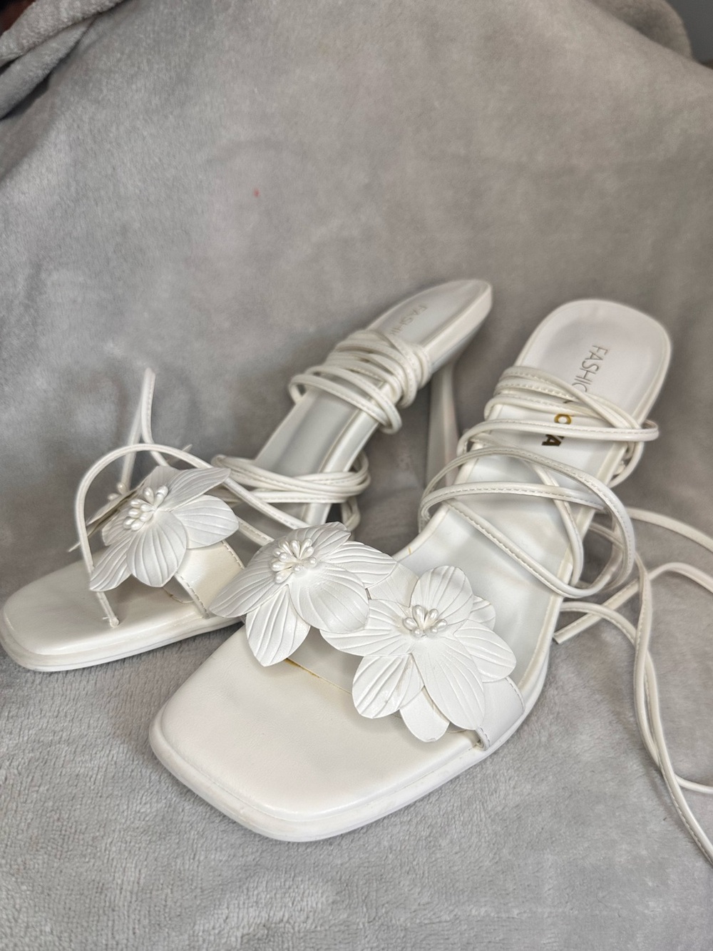 Fashion Nova White Floral Lace-Up Heels